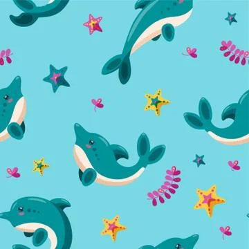 Seamless pattern with dolphins, starfish and seaweed. Pattern for various Stock Illustration