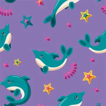 Seamless pattern with dolphins, starfish and seaweed. Pattern for backgrounds Stock Illustration