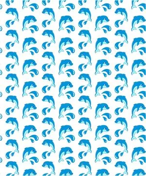 Seamless pattern with Dolphins that swim, jump on the waves, splashing water Stock Illustration