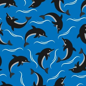 Seamless pattern with dolphins on the waves. Ideal solution for fabric and pa Stock Illustration