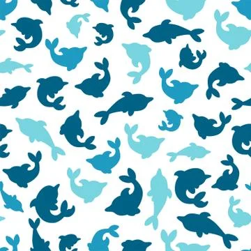 Seamless pattern with dolphins in white background. Small and big dolphins in Stock Illustration