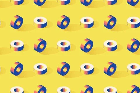 Seamless pattern with donut or torus shape on yellow background in modern dotted Stock Illustration