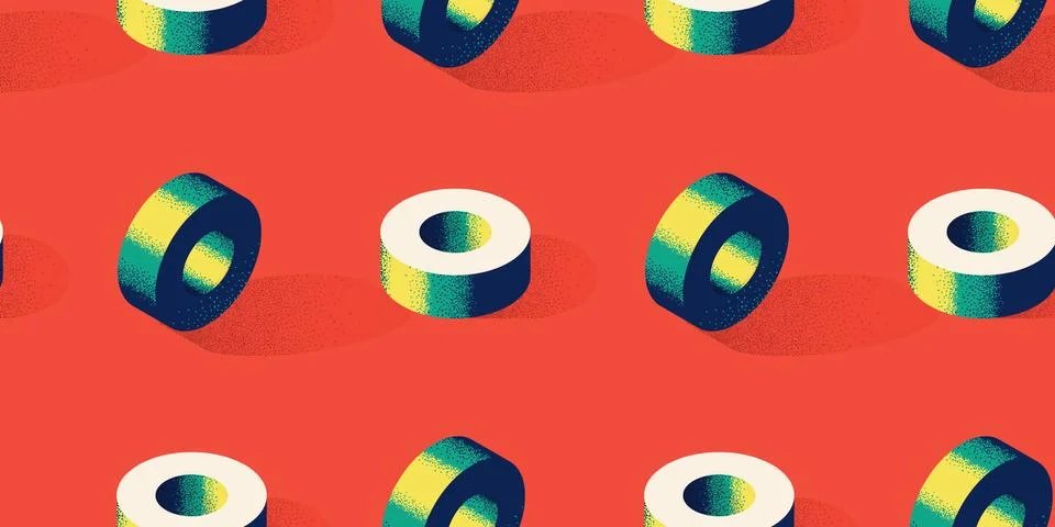 Seamless pattern with donut or torus shape on red background in modern dotted Stock Illustration