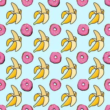 SEAMLESS PATTERN donuts and bananas. Pop art pattern. America of the 60s. Bri Stock Illustration