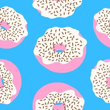 Seamless pattern of donuts and chocolate sprinkles, white cream and pink gl.. Stock Illustration