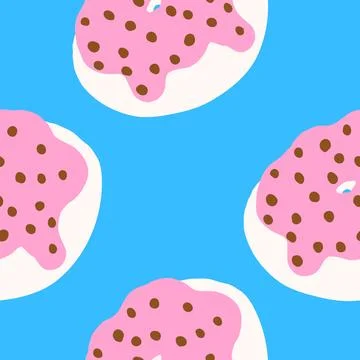Seamless pattern of donuts with chocolate balls, pink cream and white base .. Stock Illustration
