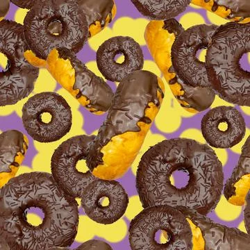 Seamless pattern of donuts in chocolate glaze on a blue background with eleme Stock Photos