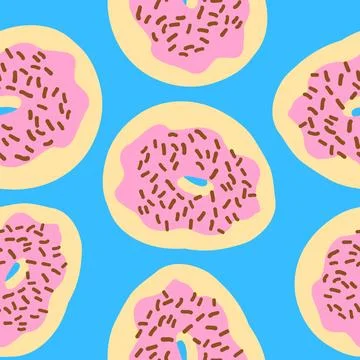 Seamless pattern of donuts chocolate sprinkles, pink cream and wheat base i.. Stock Illustration