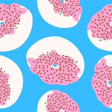 Seamless pattern of donuts. Chocolate sprinkles, pink cream and white base .. Stock Illustration