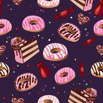Seamless pattern donuts, chocolates, cake. Dessert food illustration. National Stock Illustration
