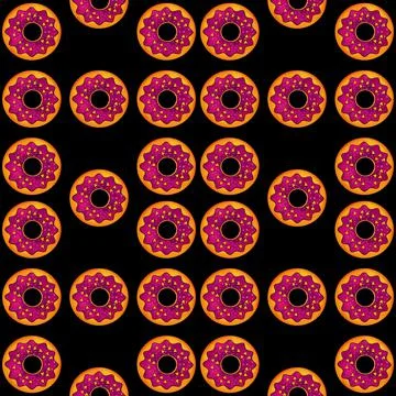 Seamless pattern of donuts in lilac color on a black isolated background Stock Illustration
