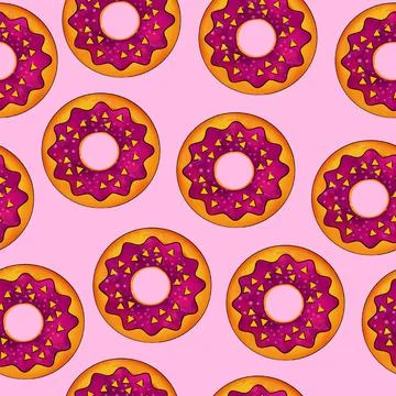 Seamless pattern of donuts in lilac color on a pink background. Confectionery Stock Illustration