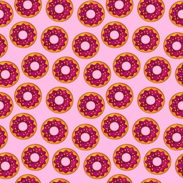 Seamless pattern of donuts in lilac color on a pink background. Confectionery Stock Illustration