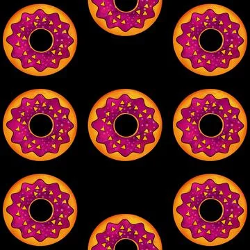 Seamless pattern of donuts in lilac color on a black isolated background Stock Illustration