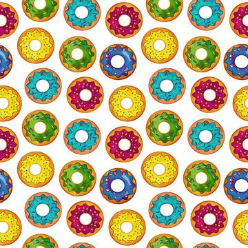 Seamless pattern of donuts multi colored on a white isolated background Stock Illustration