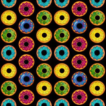 Seamless pattern of donuts multi colored on a black isolated background Stock Illustration