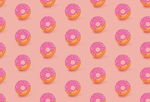 Seamless pattern with donuts with pink glaze and blue sprinkles on light orange Stock Illustration