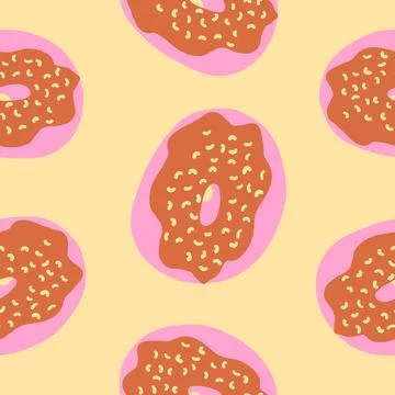 Seamless pattern of donuts with sprinkles, chocolate cream and pink glaze b.. Stock Illustration