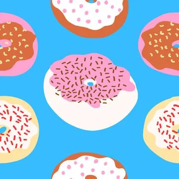 Seamless pattern of donuts with sprinkles, cream, chocolate, pink and wheat.. Stock Illustration