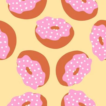 Seamless pattern of donuts with white balls, pink cream and toasted base in.. Stock Illustration