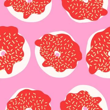 Seamless pattern of donuts with white sprinkles, red cream and white glazed.. Stock Illustration