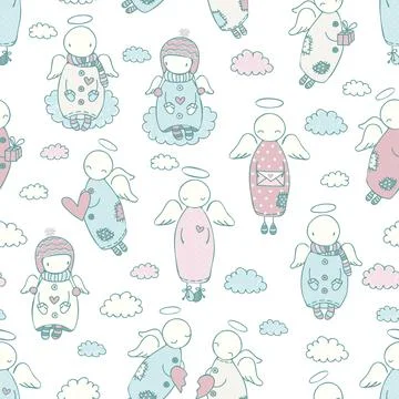Seamless pattern with doodle angels in the sky with clouds and hearts Stockillustratie