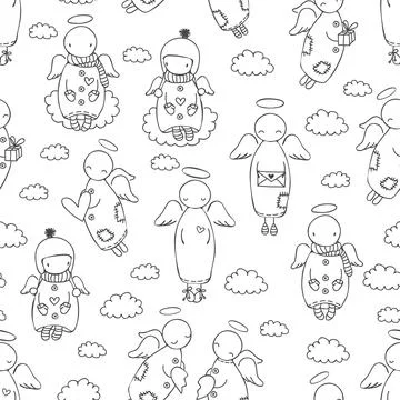 Seamless pattern with doodle angels in the sky with clouds and hearts Stockillustratie