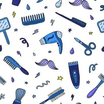 Seamless pattern with doodle barber shop icons. Stock Illustration