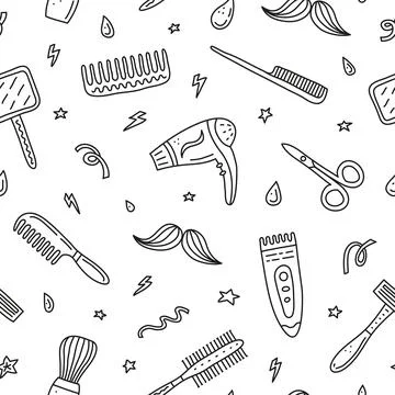 Seamless pattern with doodle barber shop icons. Stock Illustration
