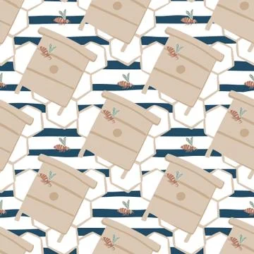 Seamless pattern with doodle beehives, bees and honeycomb elements. Simple ha Stock Illustration