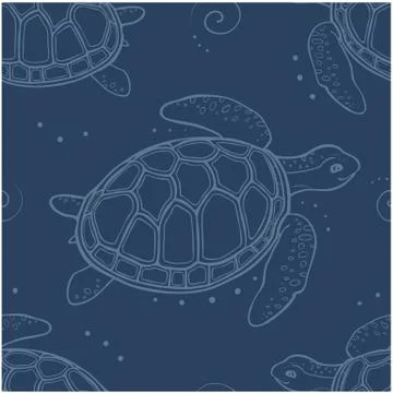 Seamless pattern doodle big turtle - contour drawing on poseidon background Stock Illustration