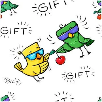 Seamless pattern doodle Bird give cherry to Bird in glasses and word gift Stock Illustration