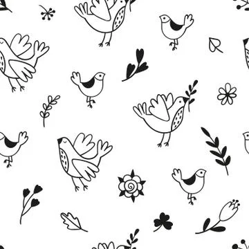 Seamless pattern with doodle birds, branches and flowers. Black and white vector Stock Illustration