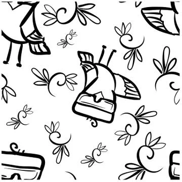 Seamless pattern doodle black birds in glass and decor floral curl Stock Illustration