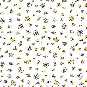 Seamless pattern with doodle black daisies on a white background. Chamomile Stock Illustration