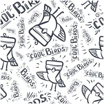 Seamless pattern doodle blue nights birds in glass and text - cool birds Stock Illustration