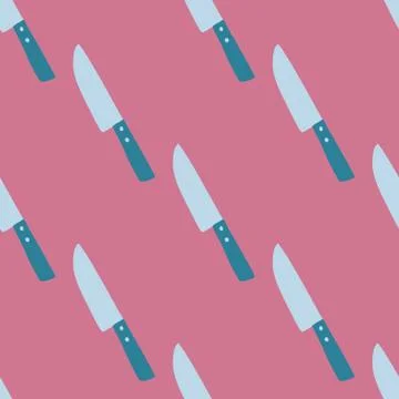 Seamless pattern with doodle blue tones knife elements. Pink colored backdrop Stock Illustration