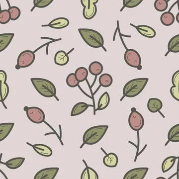 Seamless pattern doodle botany elements. Autumn set. Herbs, berries and leaves. Stock Illustration