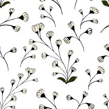 Seamless pattern of doodle branches with flowers, colorful with outline Stock Illustration