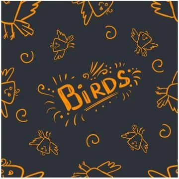 Seamless pattern doodle bright marigold word Birds and scribble birds on stre Stock Illustration