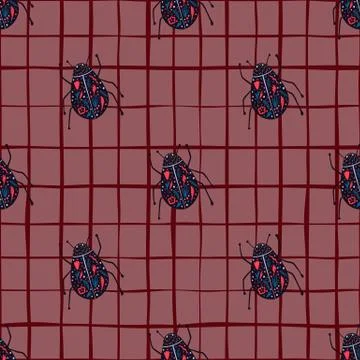 Seamless pattern with doodle bugs ornament. Pastel navy blue insects with red Stock Illustration