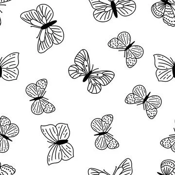 Seamless pattern with doodle butterflies. Hand drawn vector background with i Stock Illustration