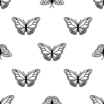 Seamless pattern with doodle butterflies. Hand drawn vector background with i Stock Illustration