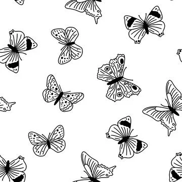Seamless pattern with doodle butterflies. Hand drawn vector background with i Stock Illustration