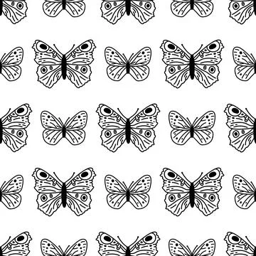 Seamless pattern with doodle butterflies. Hand drawn vector background with i Stock Illustration