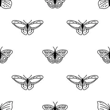 Seamless pattern with doodle butterflies. Hand drawn vector background with i Stock Illustration