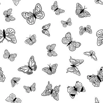 Seamless pattern with doodle butterflies. Hand drawn vector background with Stock Illustration