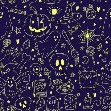 Seamless pattern with doodle cartoon Halloween objects in yellow neon color on Stock Illustration