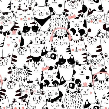 Seamless pattern with doodle cats. Can be used for textile, website background Stock Illustration