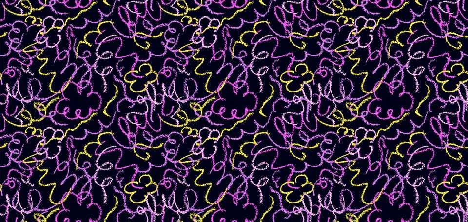 Seamless pattern with doodle chalk lines. Modern violet orange stroke squiggles Stock Illustration